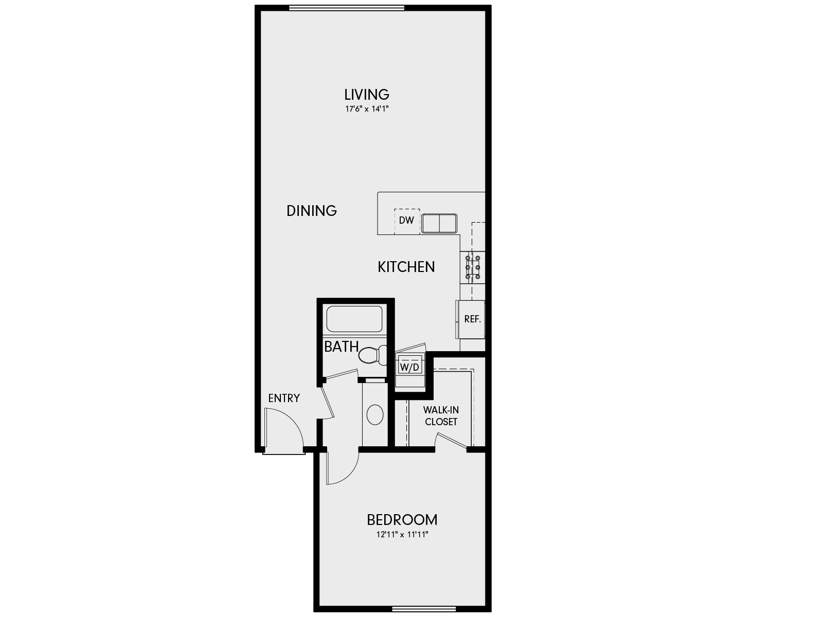 Floor plan for 1 bed, 1 bath, 792 sqft